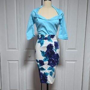 PINUP COUTURE blue top & floral Wiggle skirt